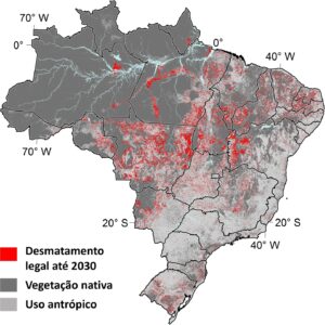 Fig. 1. Projeção de desmatamento no ano de 2030 em um cenário de desmatamento ilegal zero, considerando o histórico de médias de cinco anos para a Amazônia (14), Cerrado (15) e outros biomas (16).